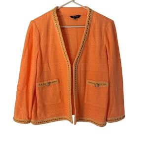 Misook Knit Cardigan Jacket – Coral with Cream Gold Trim, Pearl Button‎ Pockets